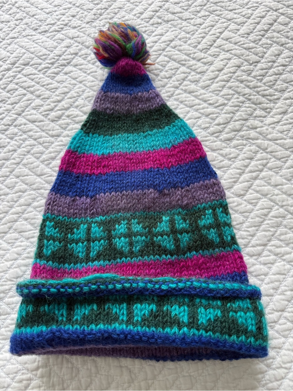Handmade Peruvian Wool Multicolor Striped Knit Pom-Pom Hat - Teal, Purple & Pink